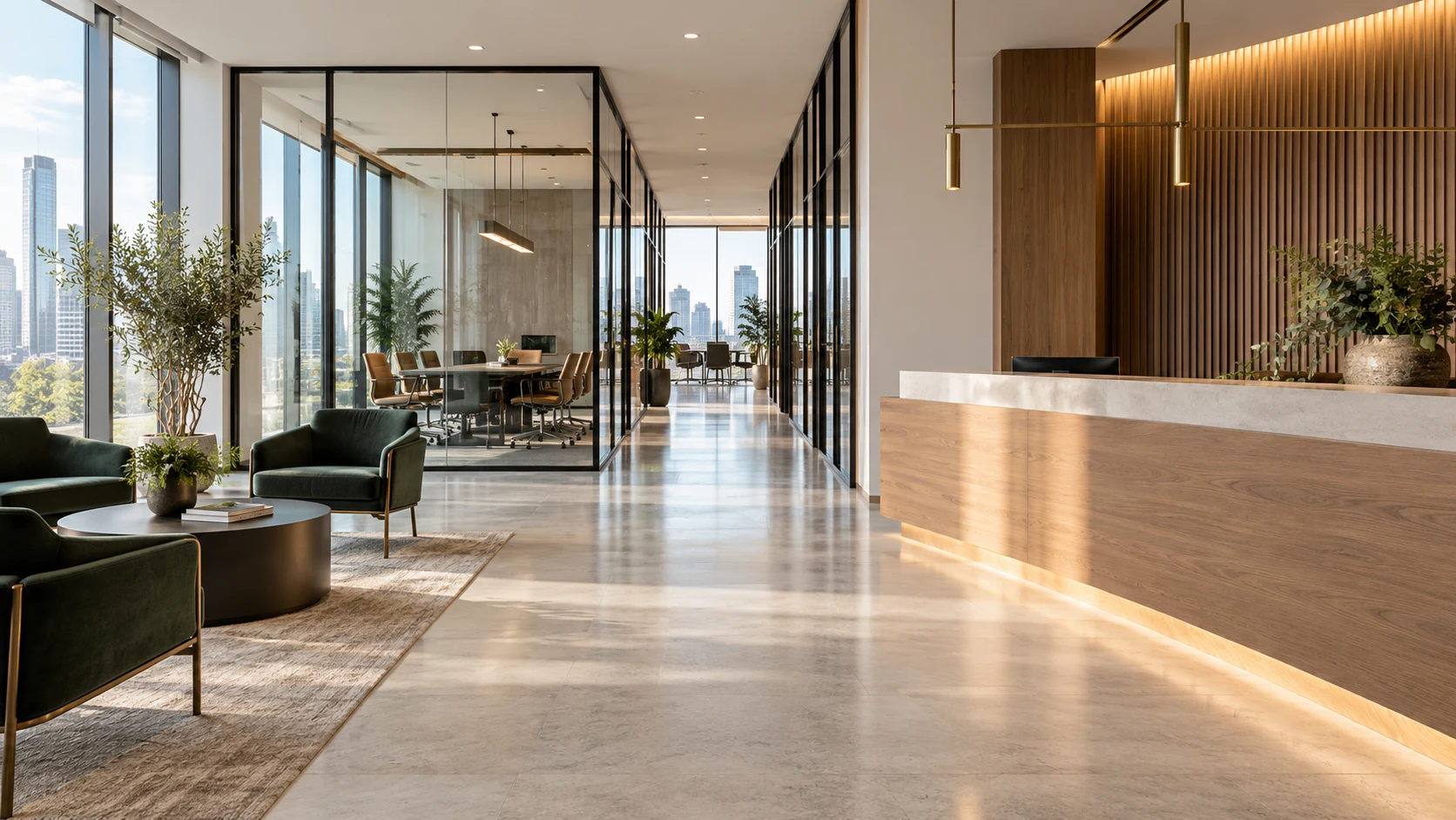 Bright contemporary office with glass meeting rooms, a clean reception desk and green seating